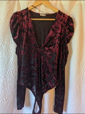 Free People "Intimately" Velvet Floral V-Neck Bodysuit - Deep Burgundy